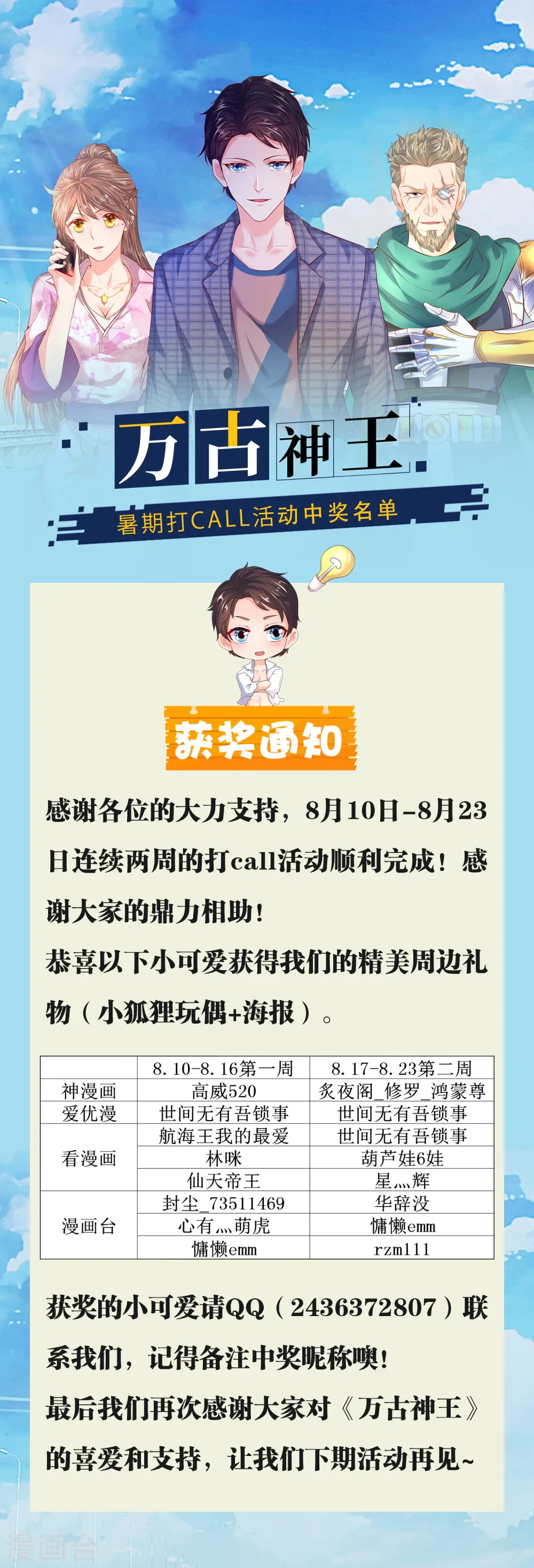 万古神王李天命漫画,8月打call中奖通知1图